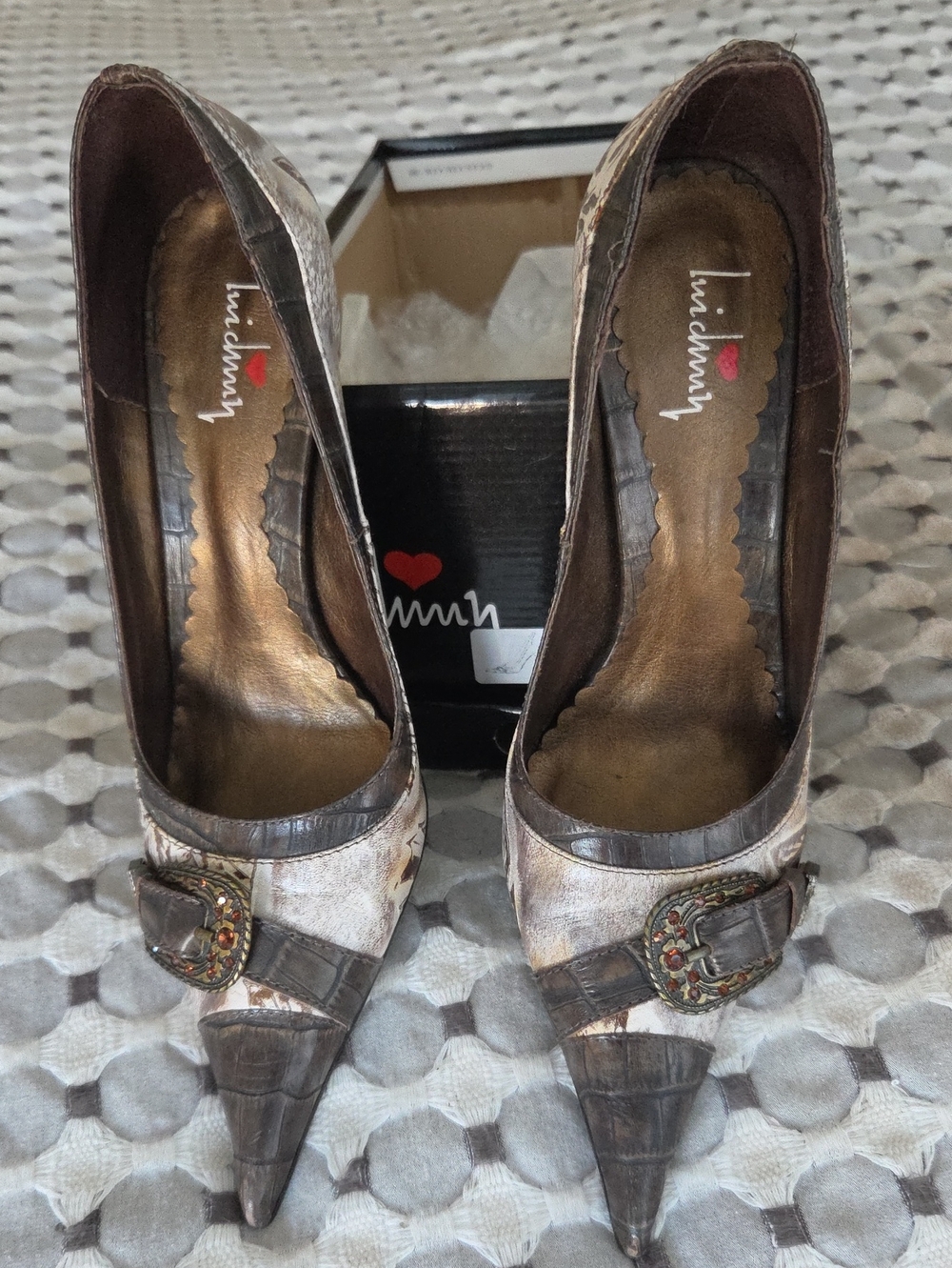 Luichiny Brown Two-Tone Pointed Toe Buckle Pumps